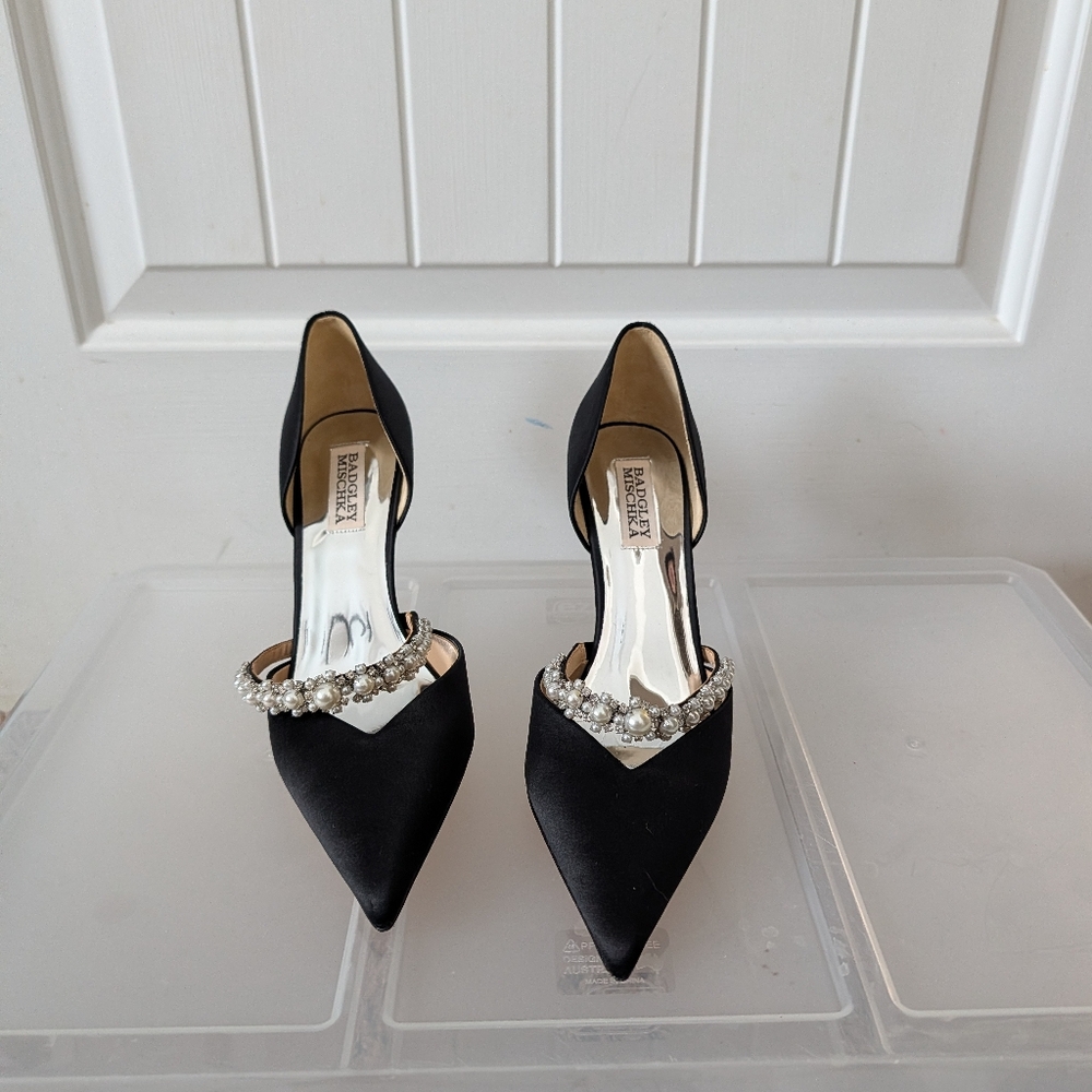 Badgley Mischka Black Satin Heels with Pearl Accents